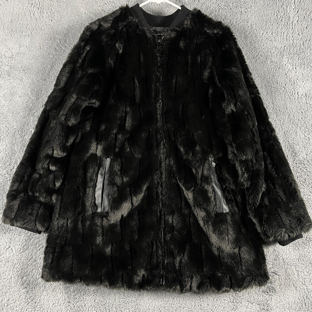 Forever 21 Faux Fur Bomber Jacket Womens Medium Black Quilted Lined Full Zip